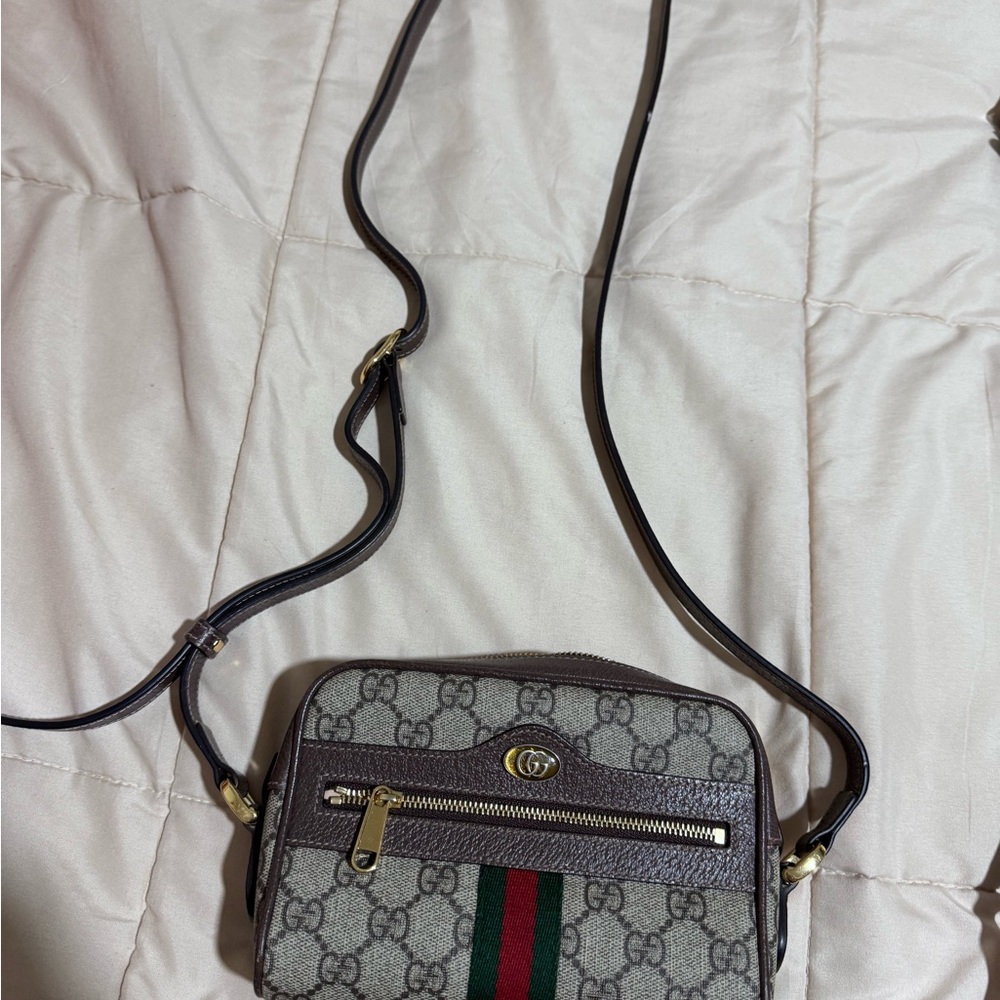 Gucci Brown GG Supreme Canvas Crossbody with Green and Red Web